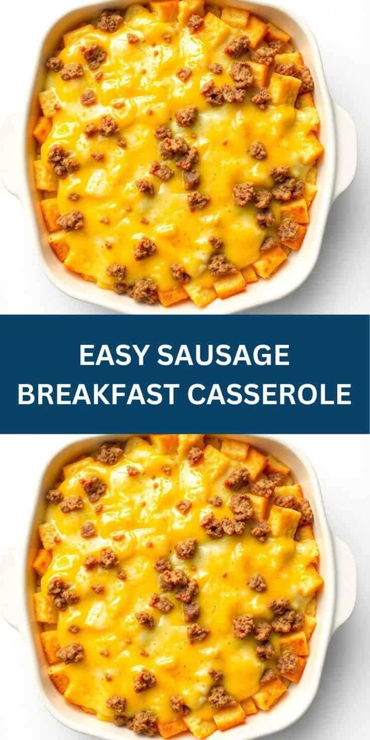 Easy Sausage Breakfast Casserole with melted cheese and browned sausage crumbles in white baking dish.