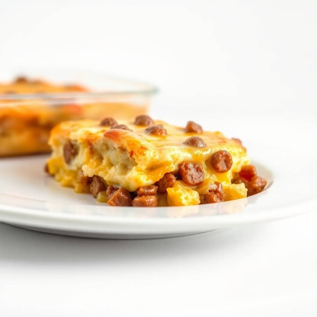 Golden sausage breakfast casserole with melted cheese and crispy edges on white plate.
