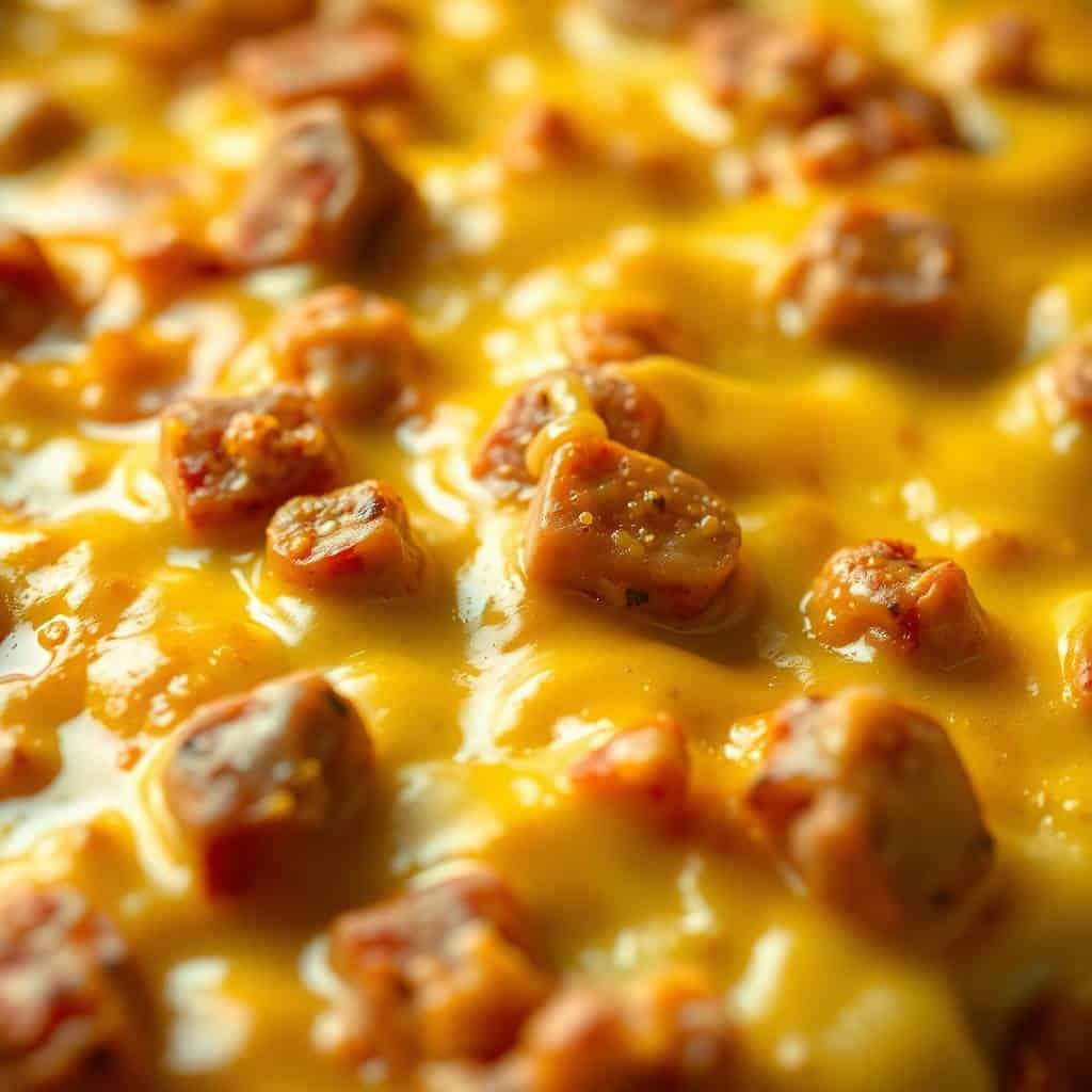 Sausage breakfast casserole with melted cheese and browned sausage pieces in a baking dish.