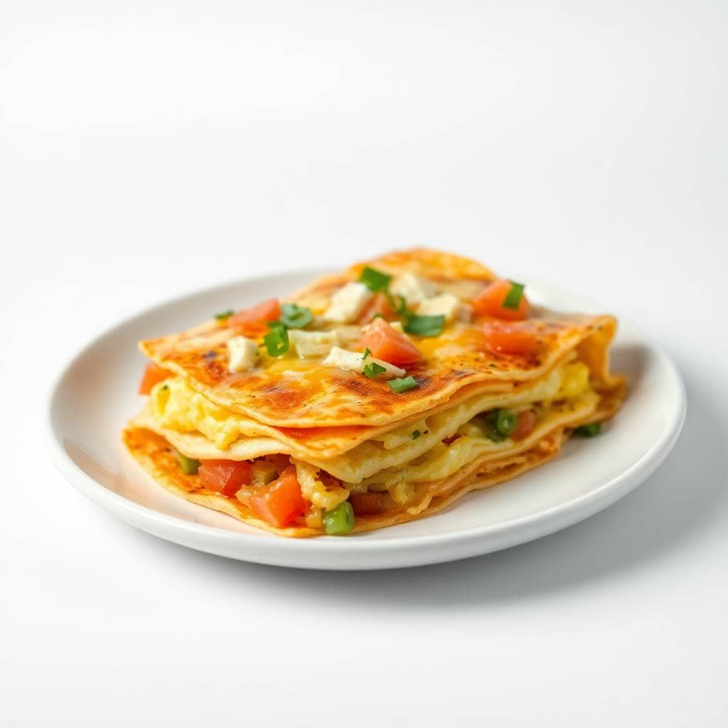 Golden-brown egg tortilla bake layered with tomatoes and peas, garnished with cheese on white plate.