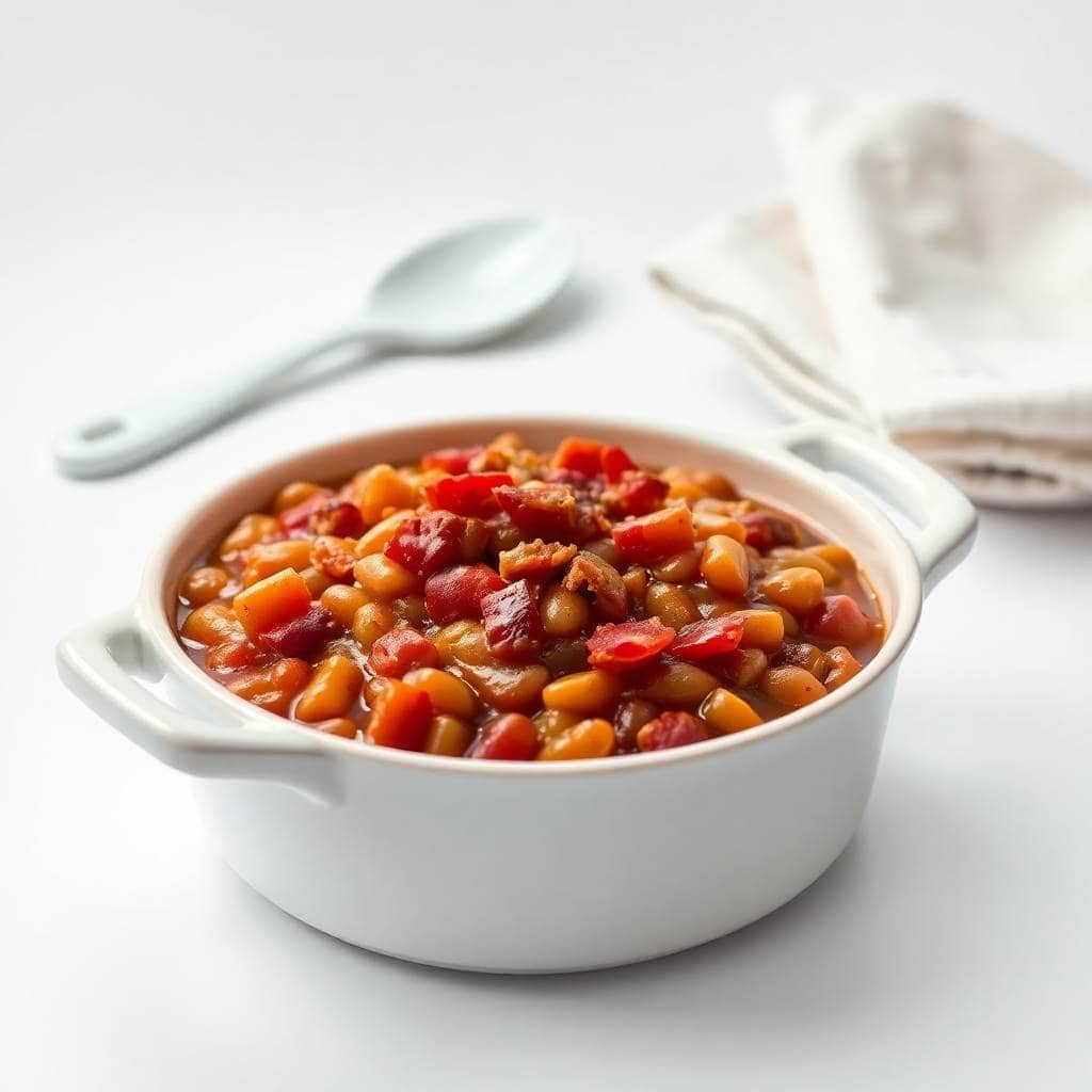 Firecracker baked beans served in white ceramic bowl with red peppers and beans in brown sauce.