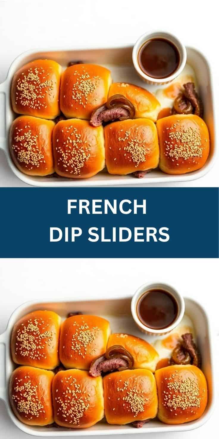 French dip sliders in white tray with sesame seeds, served with au jus dipping sauce.