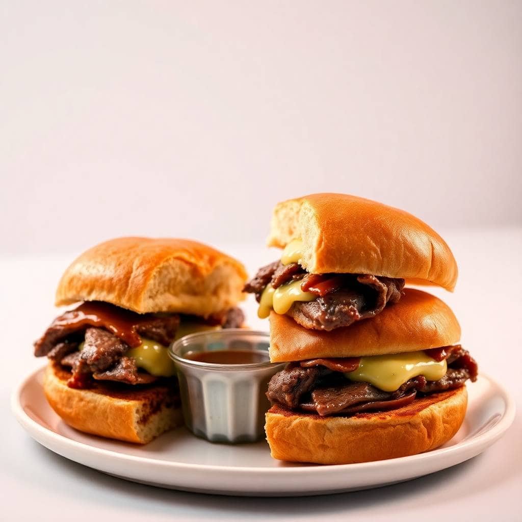 Three French dip sliders with melted cheese and roast beef on golden buns, served with au jus sauce.