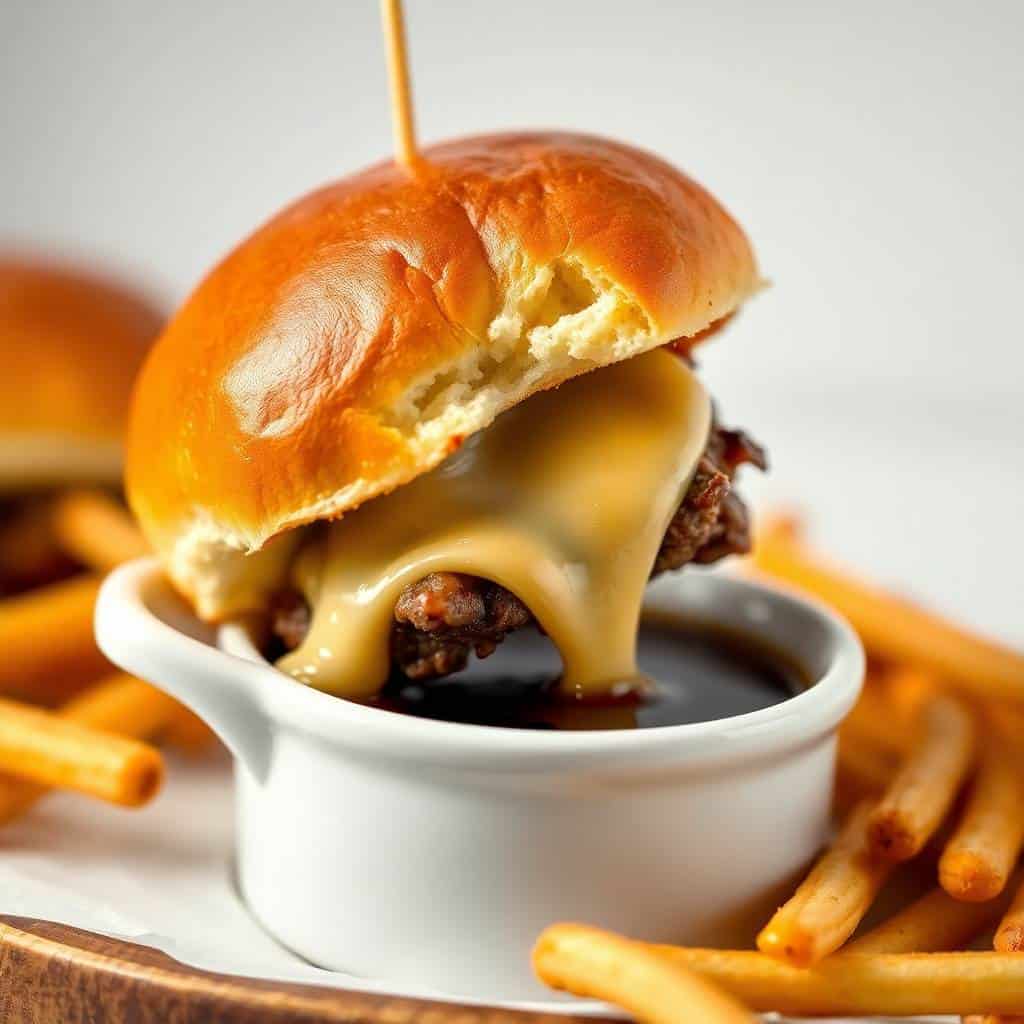 French dip sliders with melted cheese, served with golden fries and au jus dipping sauce.