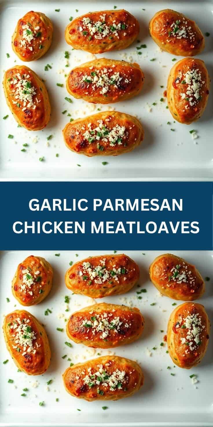 Seven golden-brown garlic parmesan chicken meatloaves topped with white cheese and fresh chives on white plate.