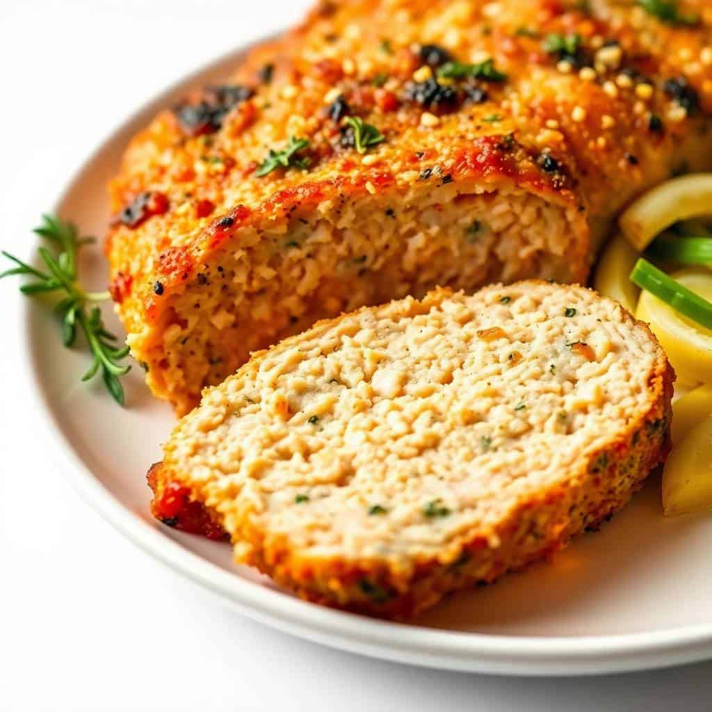 Sliced garlic parmesan chicken meatloaves on white plate with lemon and fresh herbs.