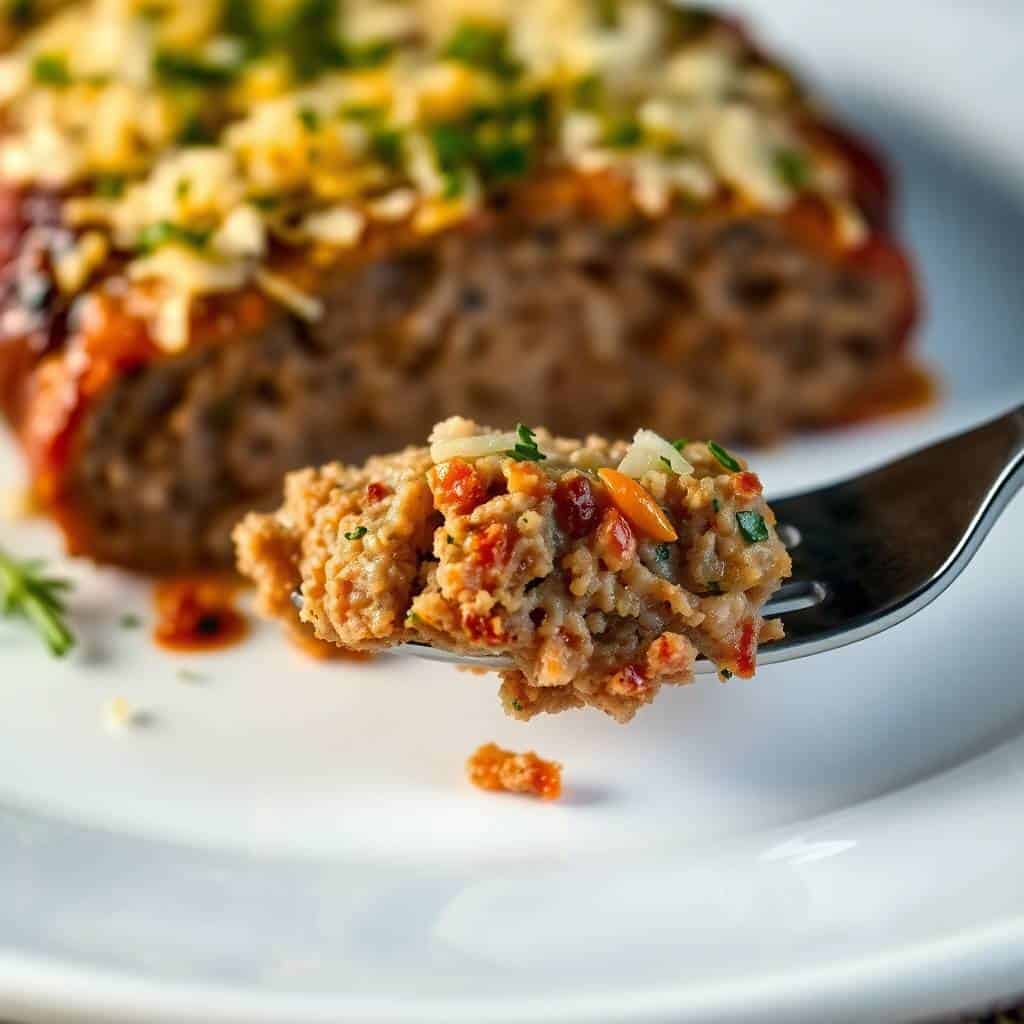 Garlic Parmesan chicken meatloaves on white plate with fork, garnished with fresh herbs.