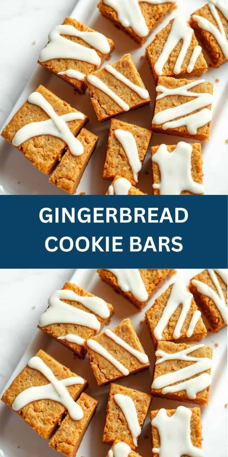Gingerbread cookie bars with white icing drizzle arranged on white plate.