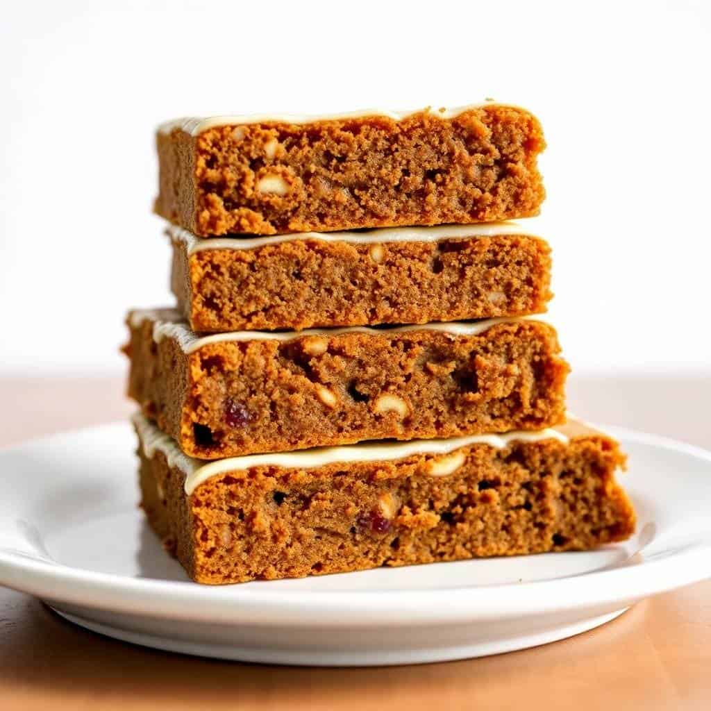 Four stacked gingerbread cookie bars with nuts on a white plate against a light background.