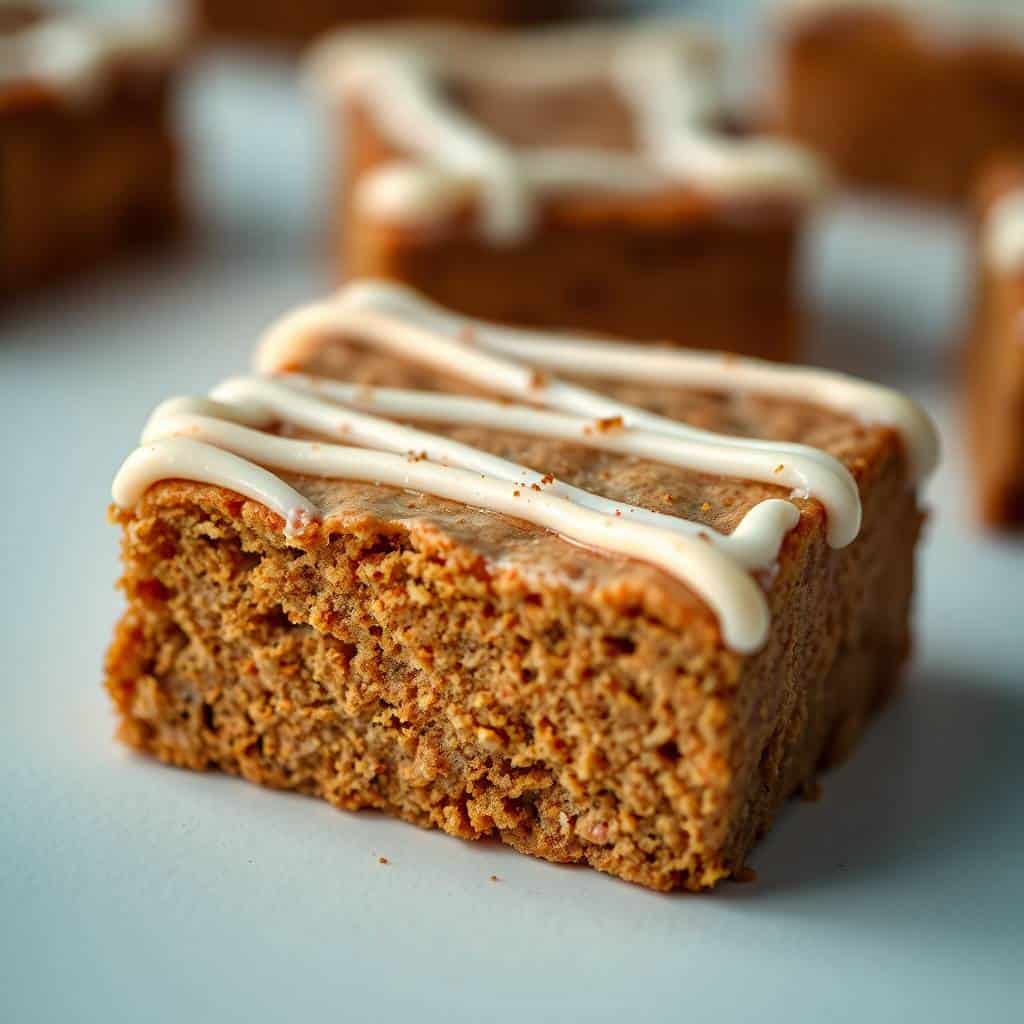 Gingerbread cookie bars with white icing drizzle on light blue surface, showing moist crumb texture.