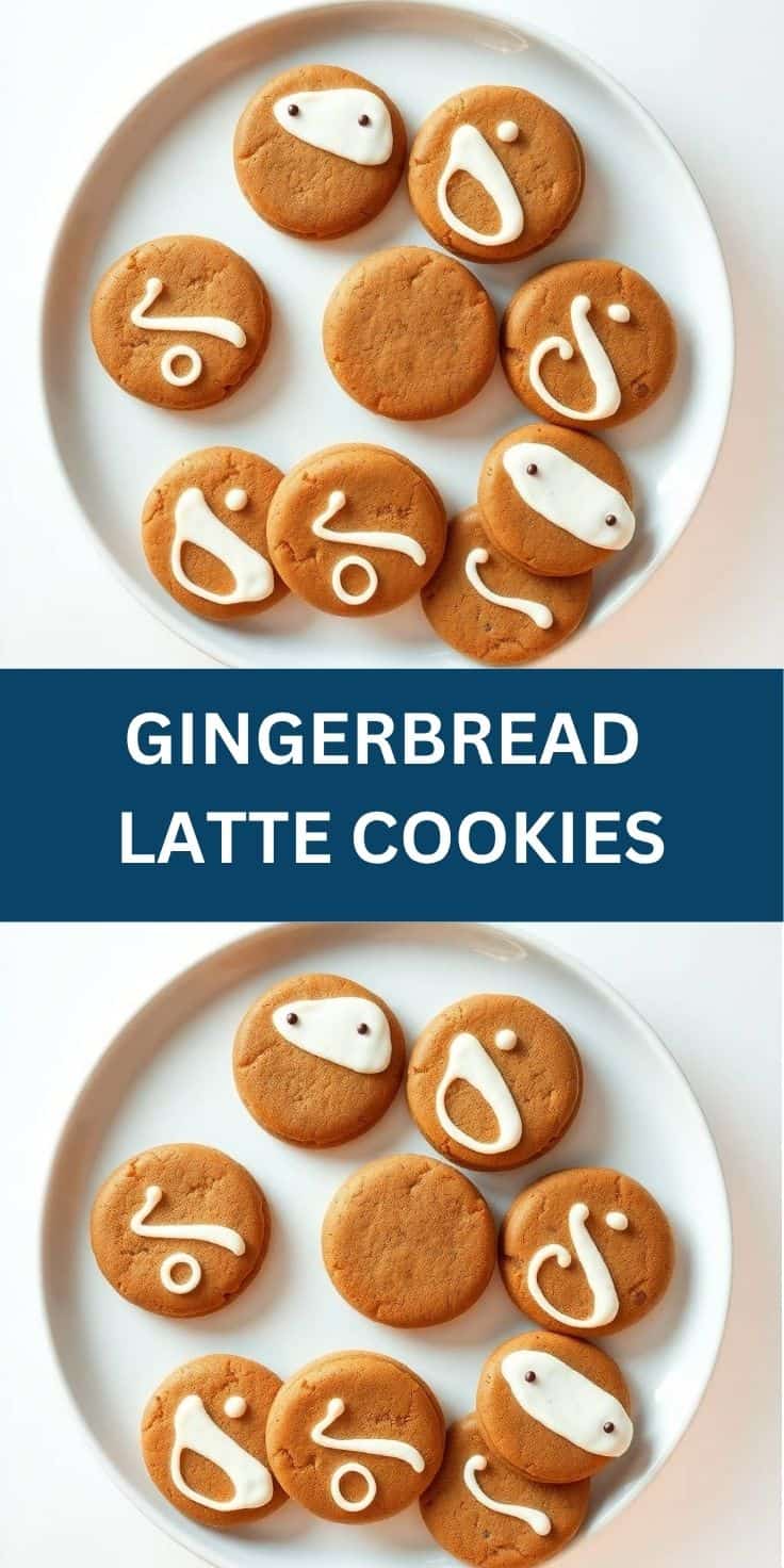 Gingerbread latte cookies with white icing details arranged on white plates.