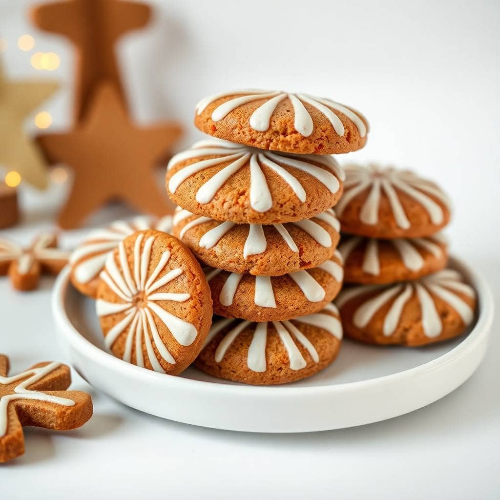 Stacked gingerbread latte cookies with white icing drizzle on white plate, holiday setting.