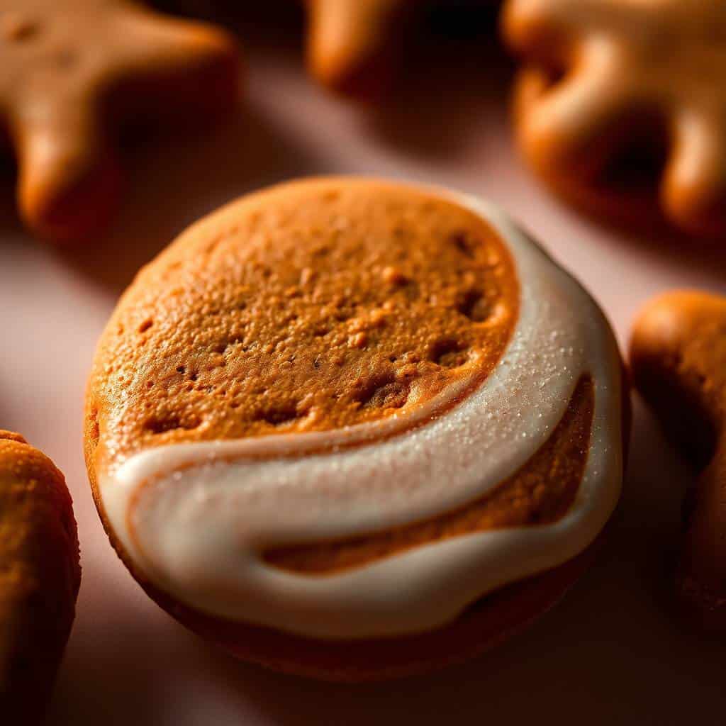 Gingerbread latte cookie with white cream filling swirl, cinnamon-dusted top, on neutral surface.