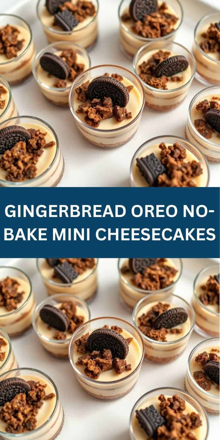 Individual no-bake gingerbread Oreo cheesecakes in clear glasses, topped with crushed cookies and whole Oreos.