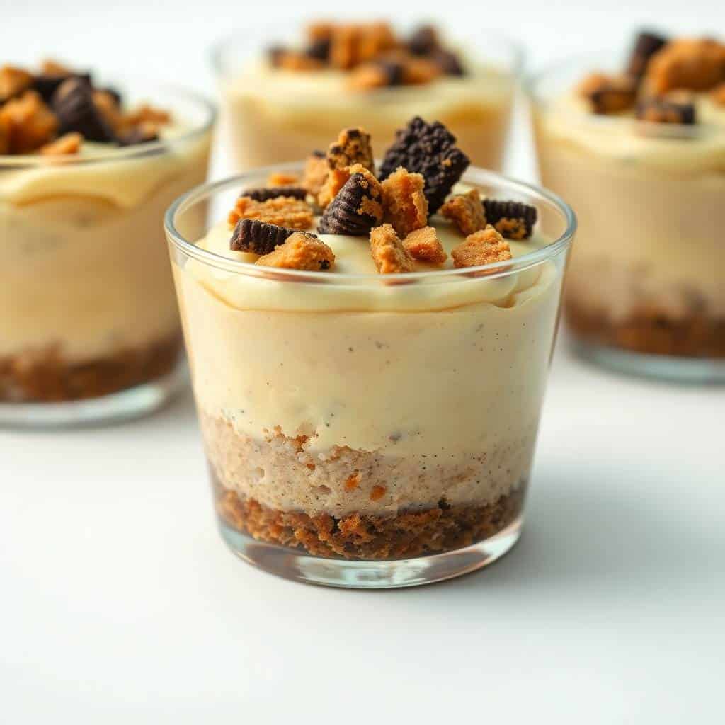 Gingerbread Oreo no-bake mini cheesecakes in glass cups with cookie crumble base and cookie garnish.