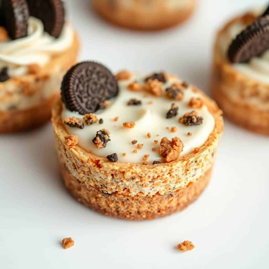 Gingerbread Oreo no-bake mini cheesecakes with cream cheese frosting, crushed cookies, and whole Oreo garnish.