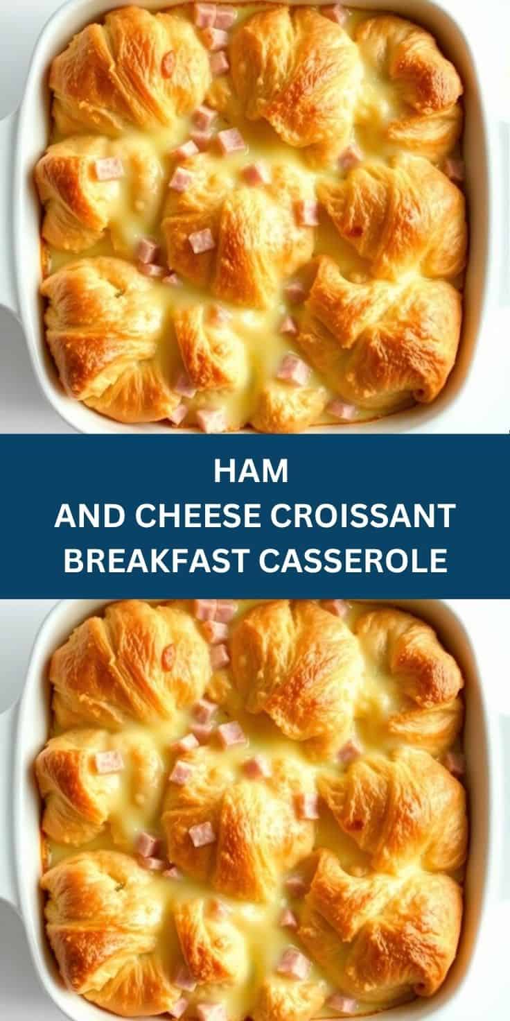 Golden-baked ham and cheese croissant breakfast casserole in white baking dish with melted cheese.