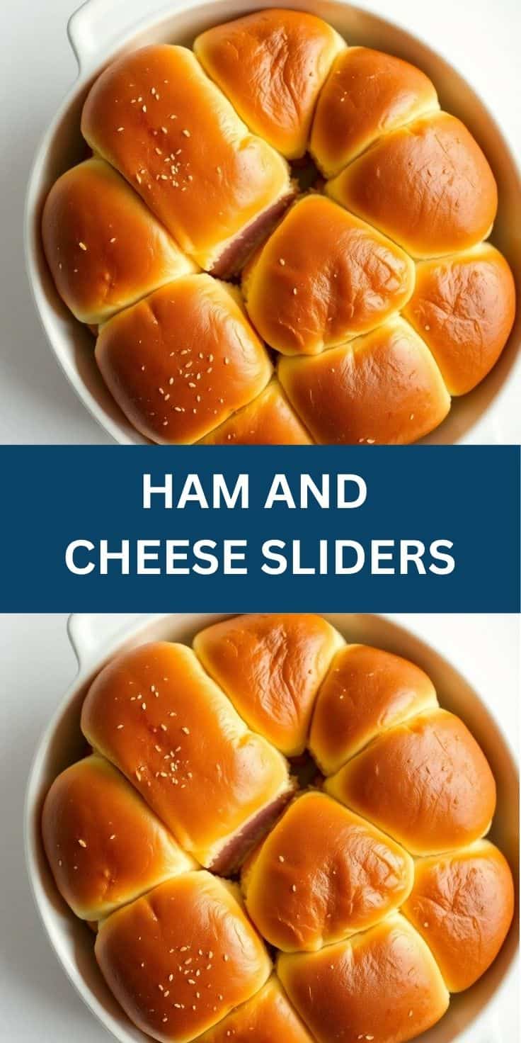Golden-brown ham and cheese sliders with sesame seeds in a white baking dish.