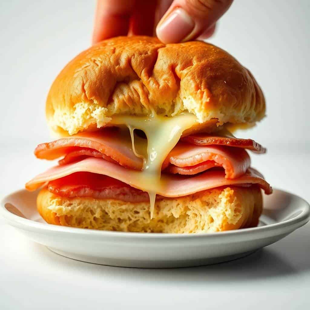 Hand placing golden brioche bun atop ham and cheese slider with melted cheese dripping onto white plate.
