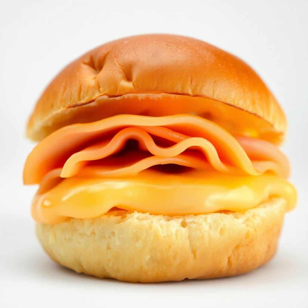 Ham and cheese slider on golden brioche bun with layered orange cheddar cheese and pink ham slices.