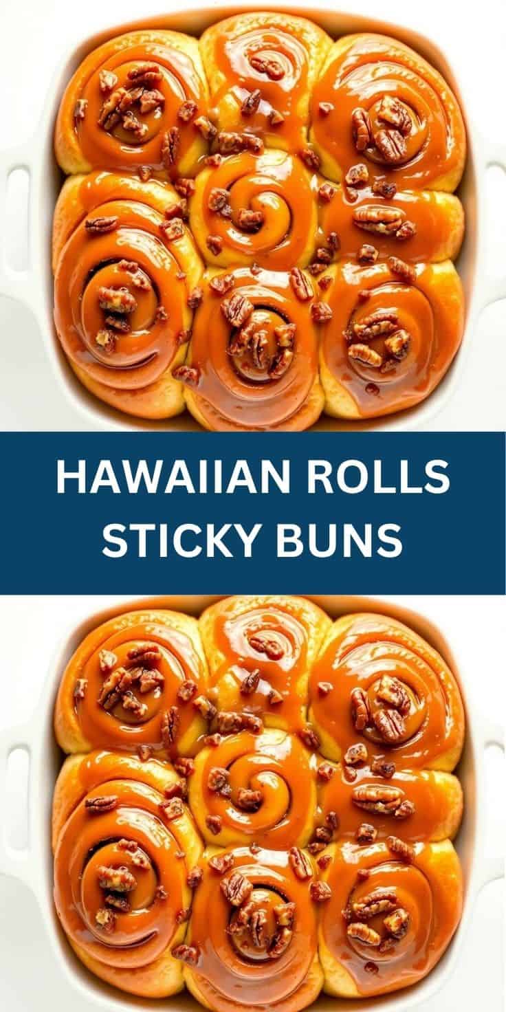 Golden Hawaiian rolls sticky buns topped with pecans in a white baking pan, glazed with caramel sauce.