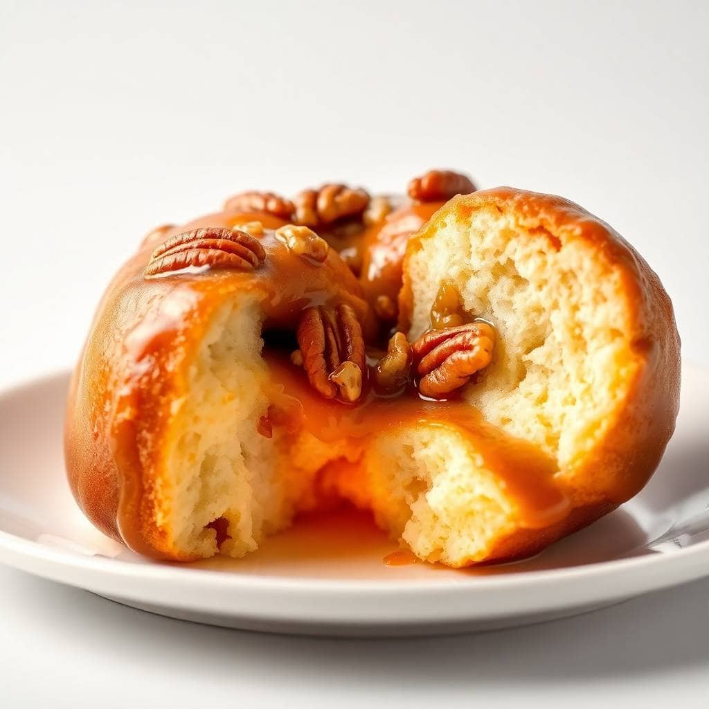 Hawaiian rolls sticky buns with caramel glaze and pecans on white plate, torn open to show fluffy interior.