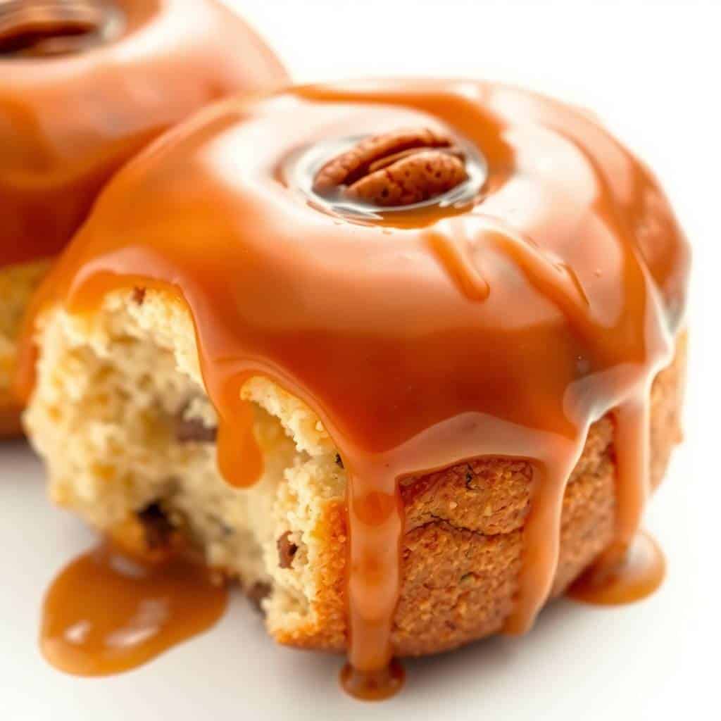 Hawaiian rolls sticky buns with caramel glaze dripping down golden-brown pastry and cinnamon swirl filling.