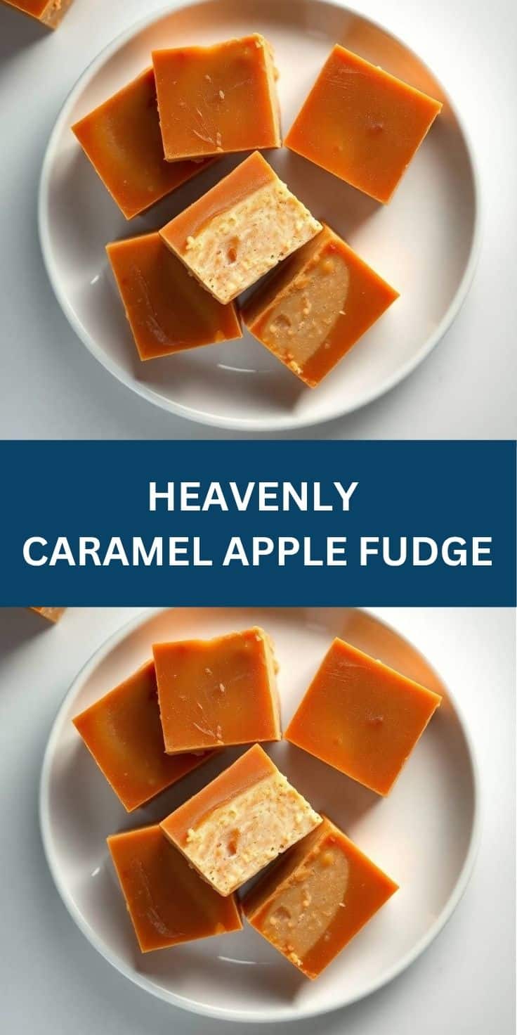 Caramel apple fudge squares arranged on white plate, showing glossy caramel coating and lighter apple filling layers.