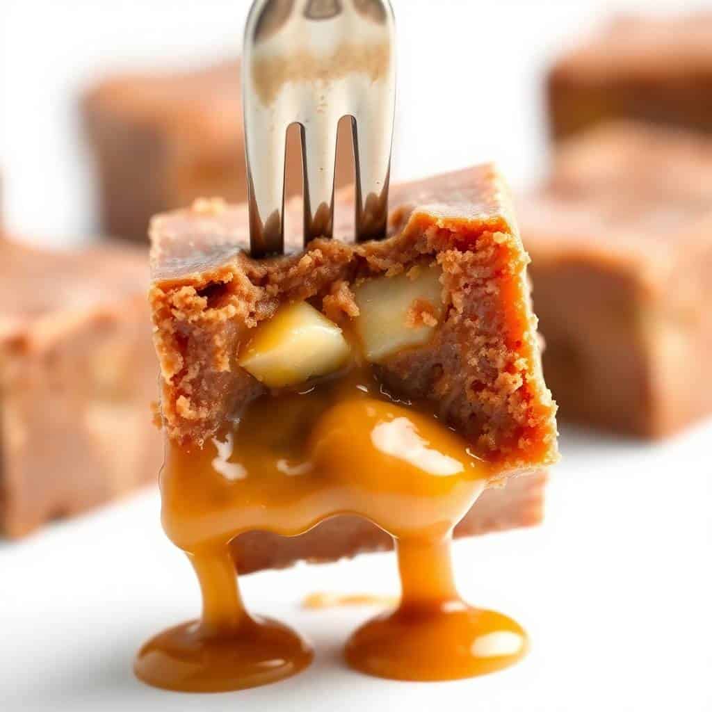 Fork piercing caramel apple fudge square with gooey caramel dripping down onto white surface.