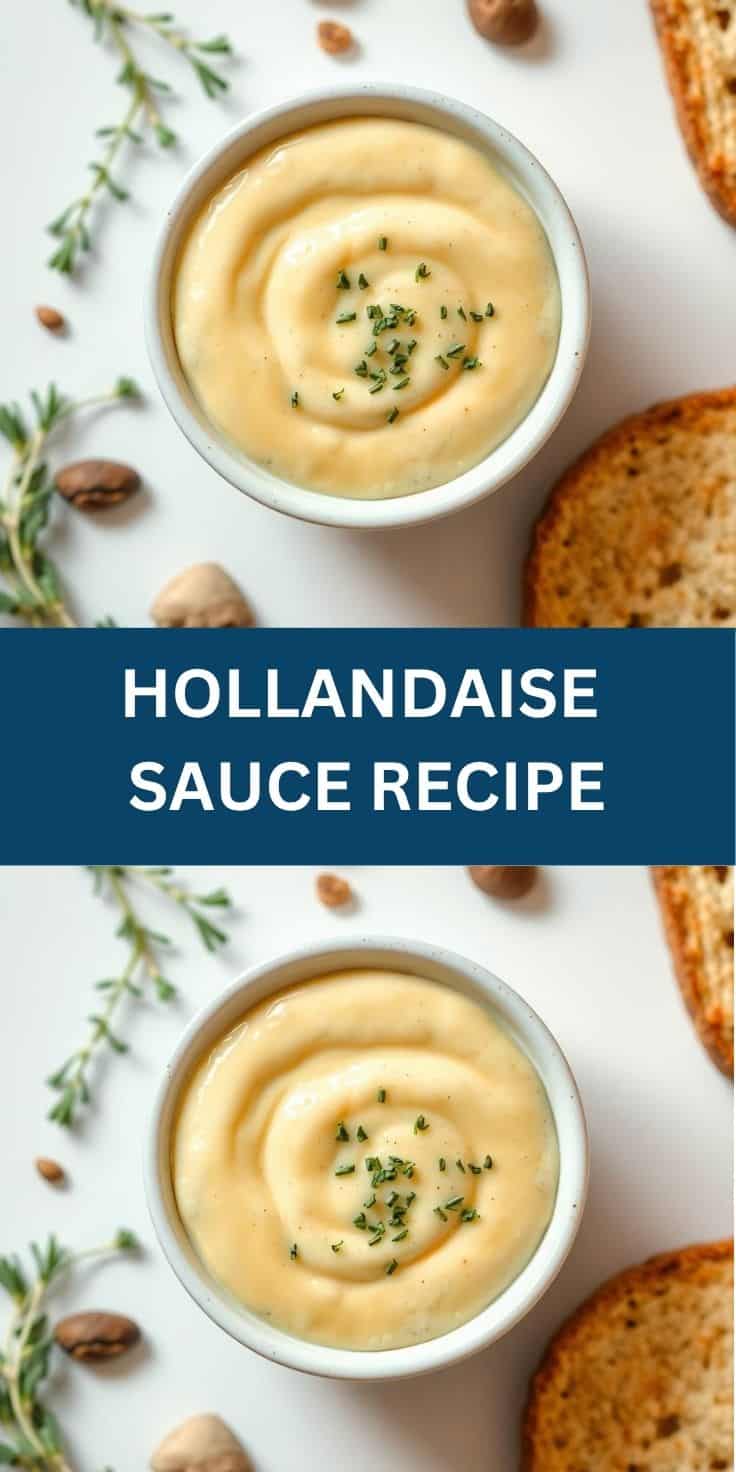 Hollandaise sauce in white bowl garnished with chives, served with toasted bread and herbs.