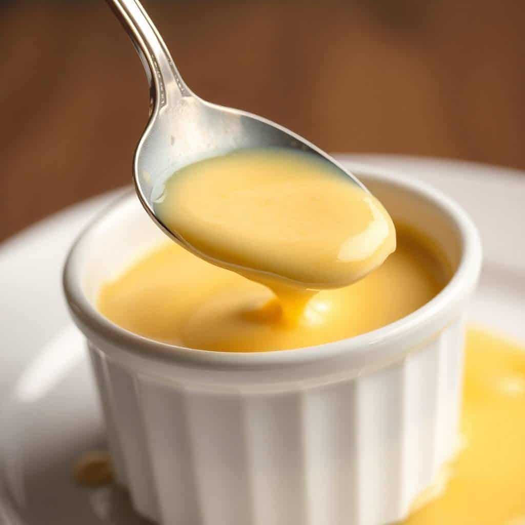 Creamy hollandaise sauce being spooned from a white ramekin, showing rich yellow color and smooth texture.