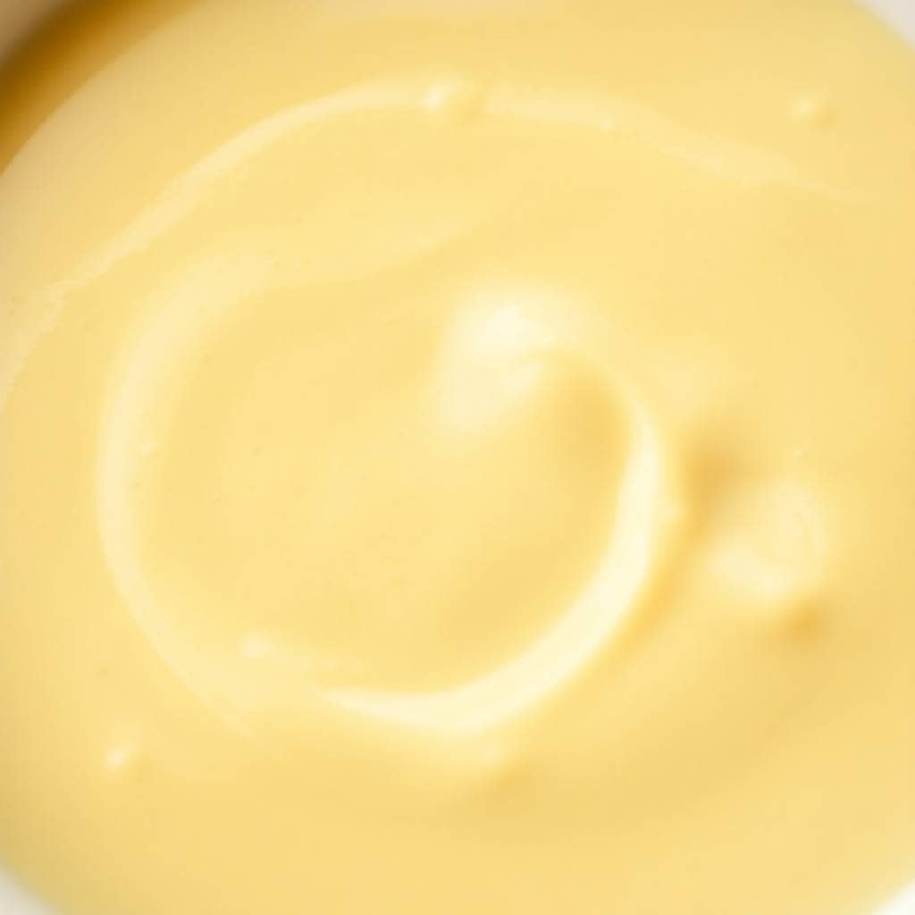 Creamy hollandaise sauce with pale yellow color in a white bowl, showing smooth buttery texture.