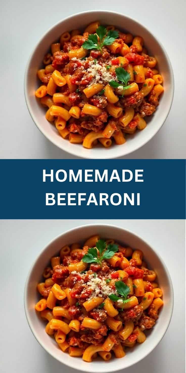 Two bowls of homemade beefaroni with elbow pasta, ground beef, red sauce, parmesan cheese, and fresh parsley garnish.