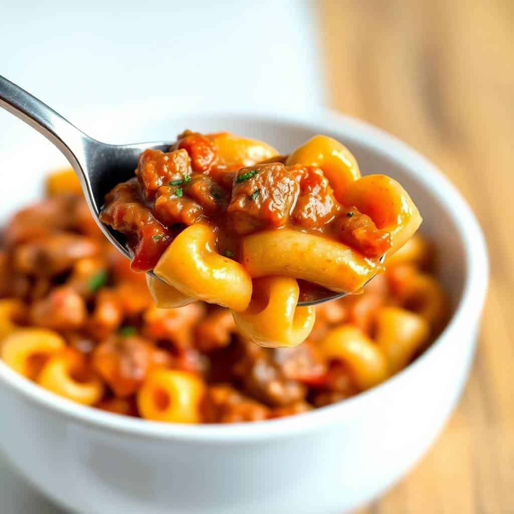 Homemade Beefaroni in white bowl with spoon, golden pasta and meat in tomato sauce.