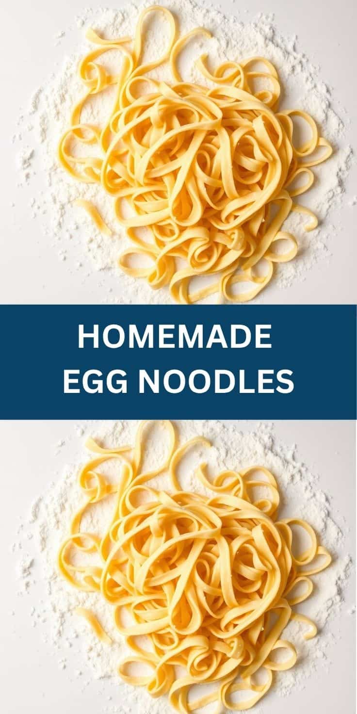 Fresh homemade egg noodles arranged on flour, displaying golden ribbon pasta texture and shape.