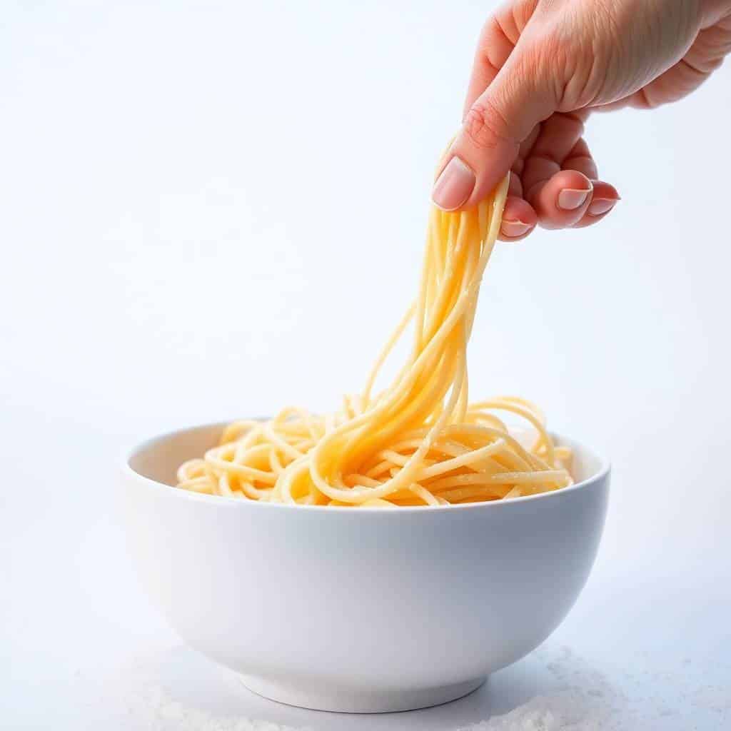 Hand lifting strands of golden homemade egg noodles from a white bowl against a light background.