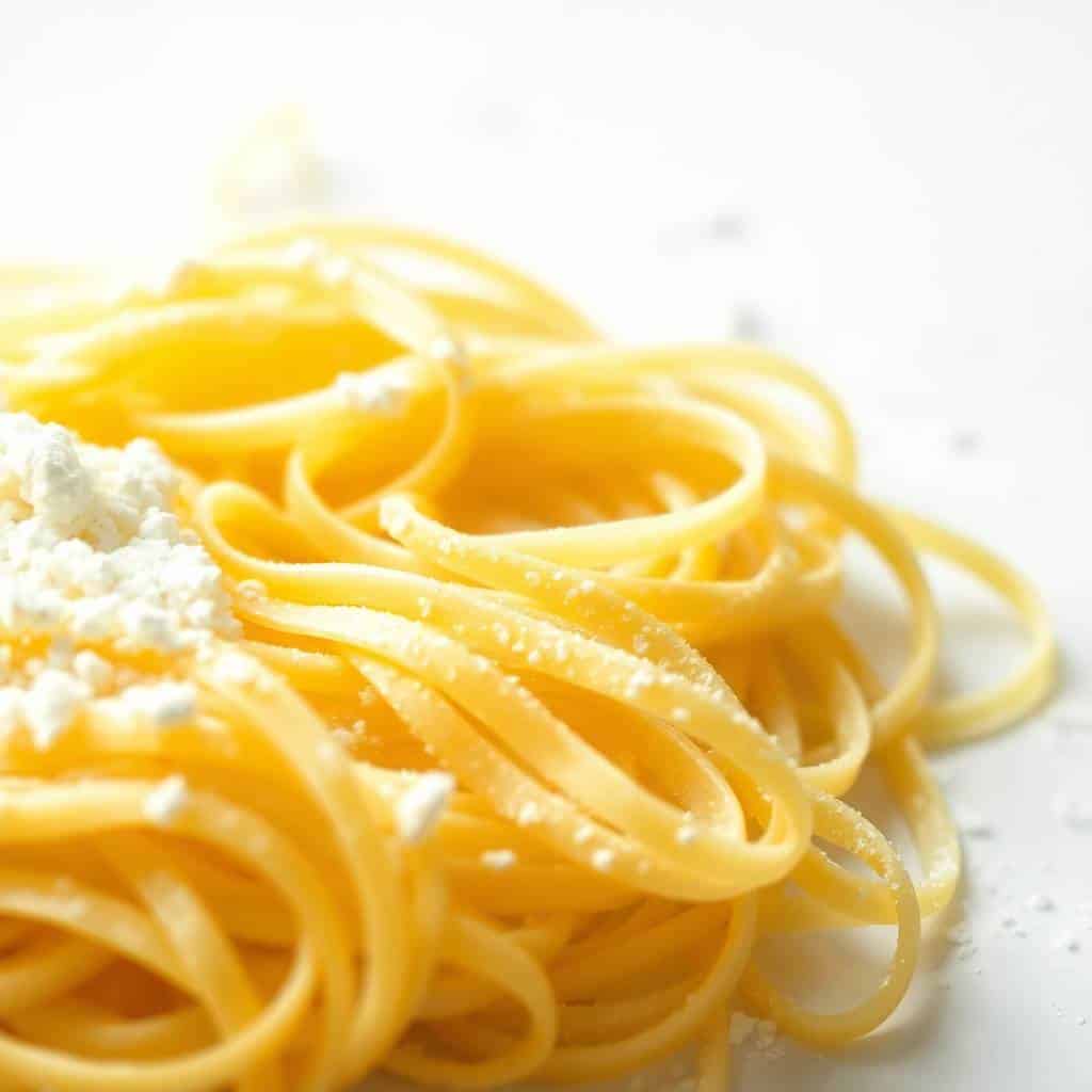 Homemade egg noodles coiled on white surface, dusted with flour and Parmesan cheese.