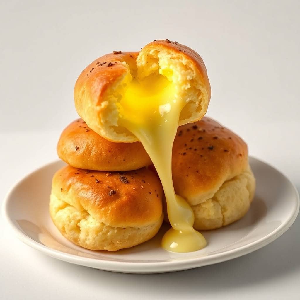 Golden garlic butter cheese bombs stacked on white plate with melted cheese dripping down.