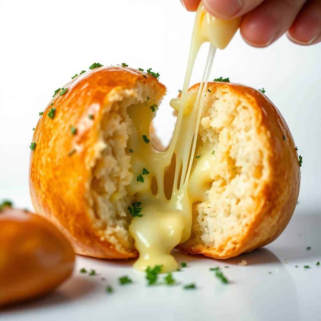 Garlic butter cheese bomb cut in half with melted cheese dripping out, garnished with fresh chives.