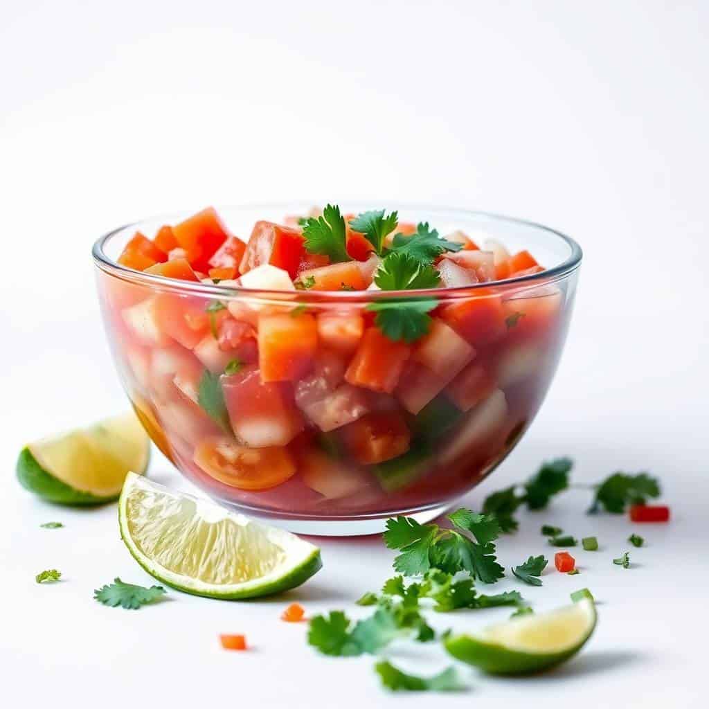 Fresh homemade salsa in glass bowl with tomatoes, peppers, cilantro, and lime wedges.