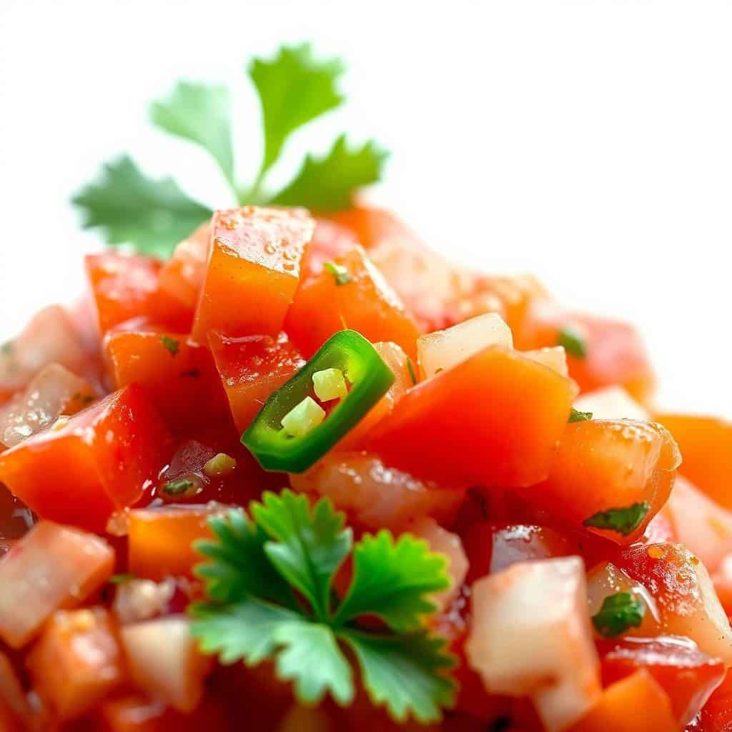 Homemade salsa with diced tomatoes, onions, cilantro, and jalapeño slices garnished with fresh herbs.
