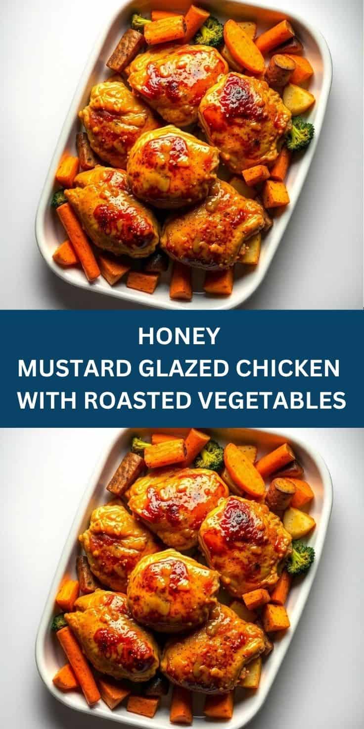 Honey mustard glazed chicken thighs with roasted sweet potato, carrot, and broccoli on white plate.