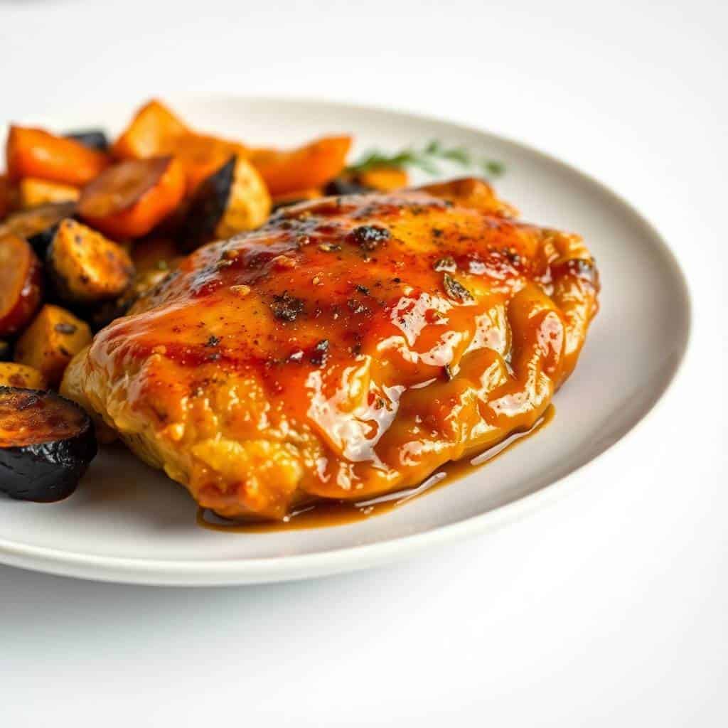 Honey mustard glazed chicken breast with roasted root vegetables on white plate.