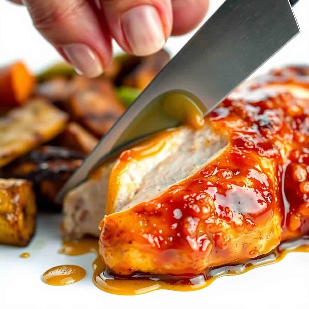 Honey mustard glazed chicken breast being sliced with roasted vegetables in background.