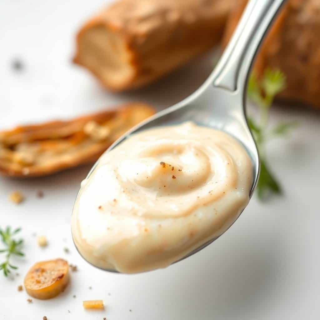 Creamy horseradish sauce on a spoon with crispy bread and fresh herbs on white surface.
