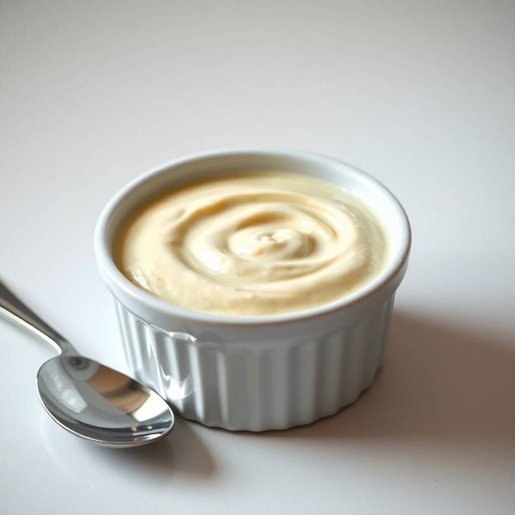 Creamy horseradish sauce in white ramekin with swirl pattern and serving spoon.
