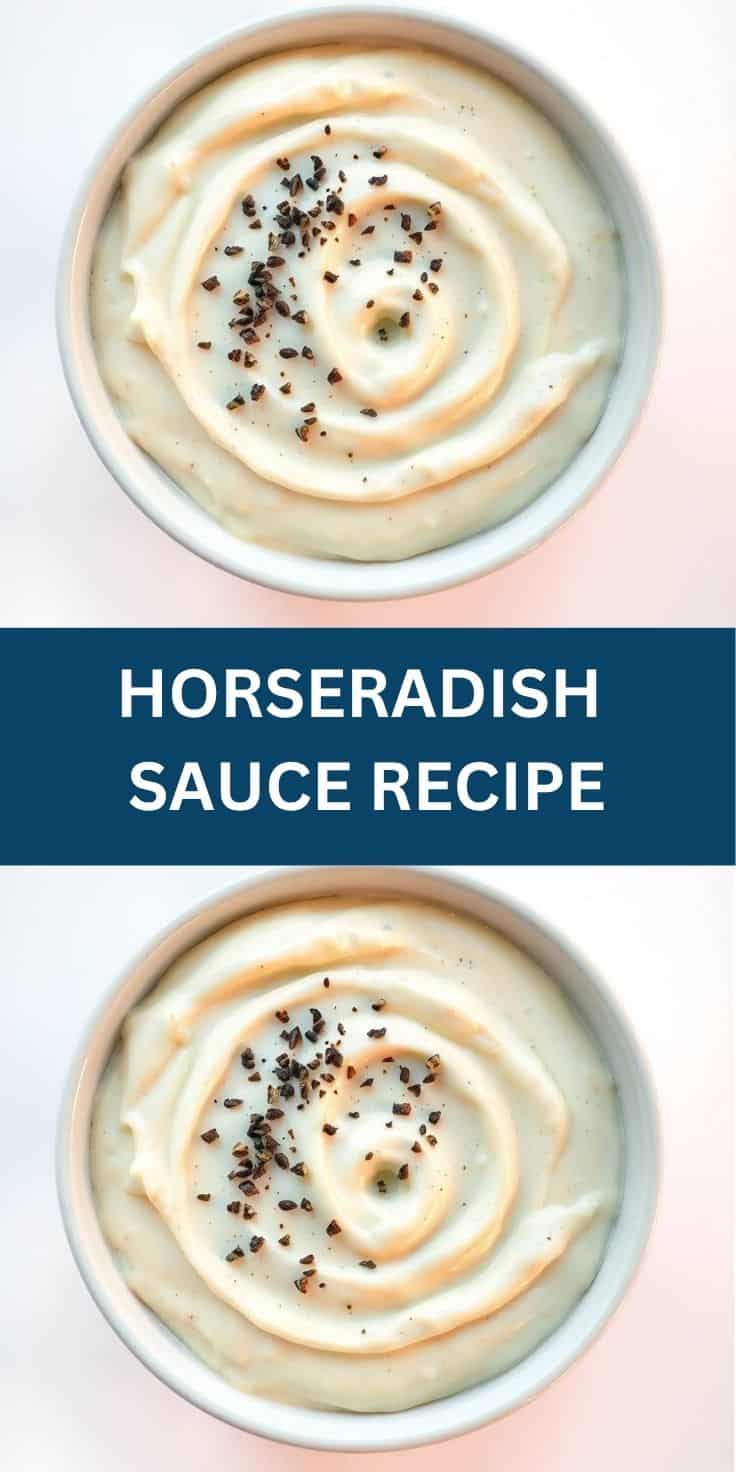 Creamy horseradish sauce in white bowl, garnished with crushed red pepper flakes.