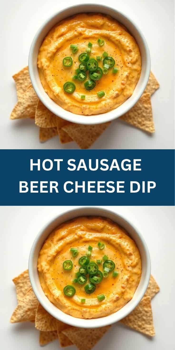 Hot sausage beer cheese dip in white bowl garnished with jalapeño slices and served with tortilla chips.