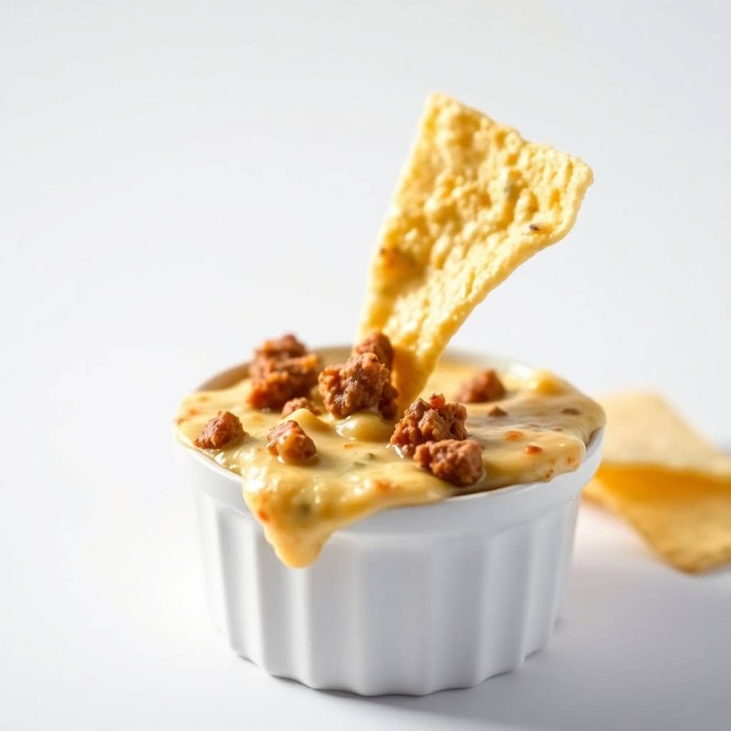 Hot sausage beer cheese dip in white ramekin with crispy tortilla chips for dipping.