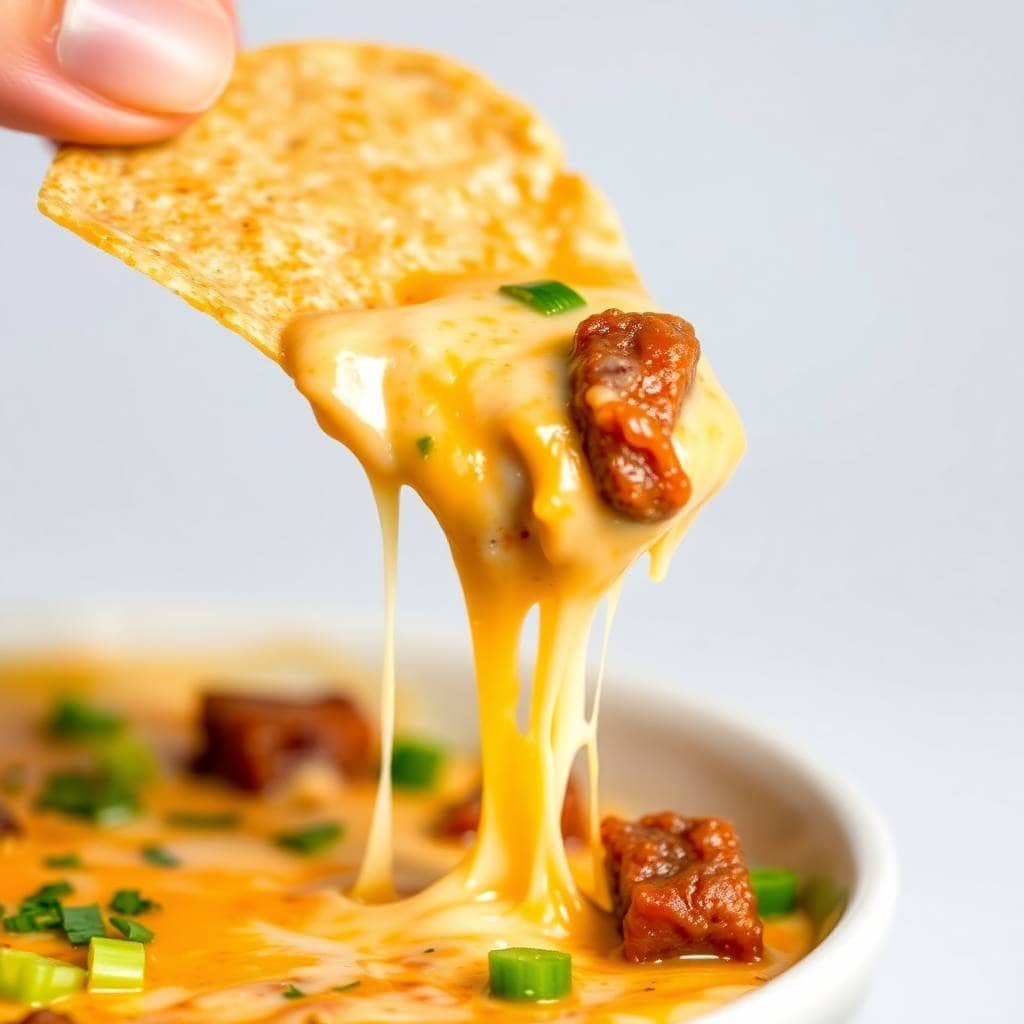Hot sausage beer cheese dip with melted cheese, chorizo pieces, and green onion garnish on crackers.